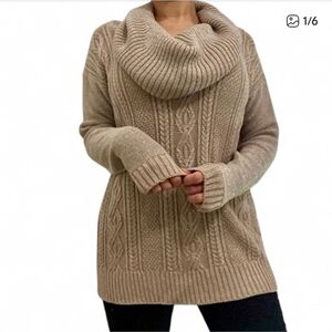 Belldini Cowl Neck Sweater Medium Metallic Taupe Beige Cable Knit Christmas Top